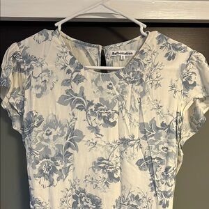 Reformation Blue and White Flutter Sleeve Blouse